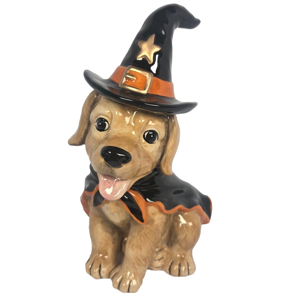 Halloween Witch Dog Figurine 9 Inch Brown Black Orange Ceramic Puppy Decor New